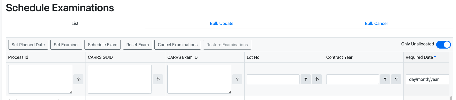 List - Select exam(s)
